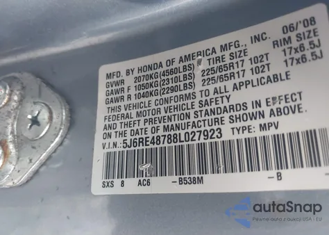 2008 Honda Cr-V Ex-L z USA, uszkodzony, nr VIN 5J6RE48788L027923